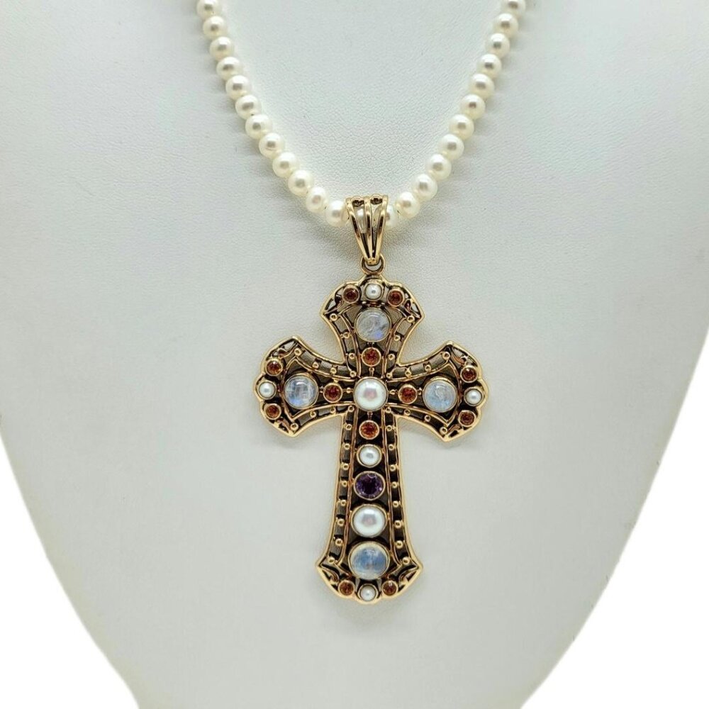 Nicky Butler Bronze Gemstone Cross Pendant Freshwater Pearl Necklace